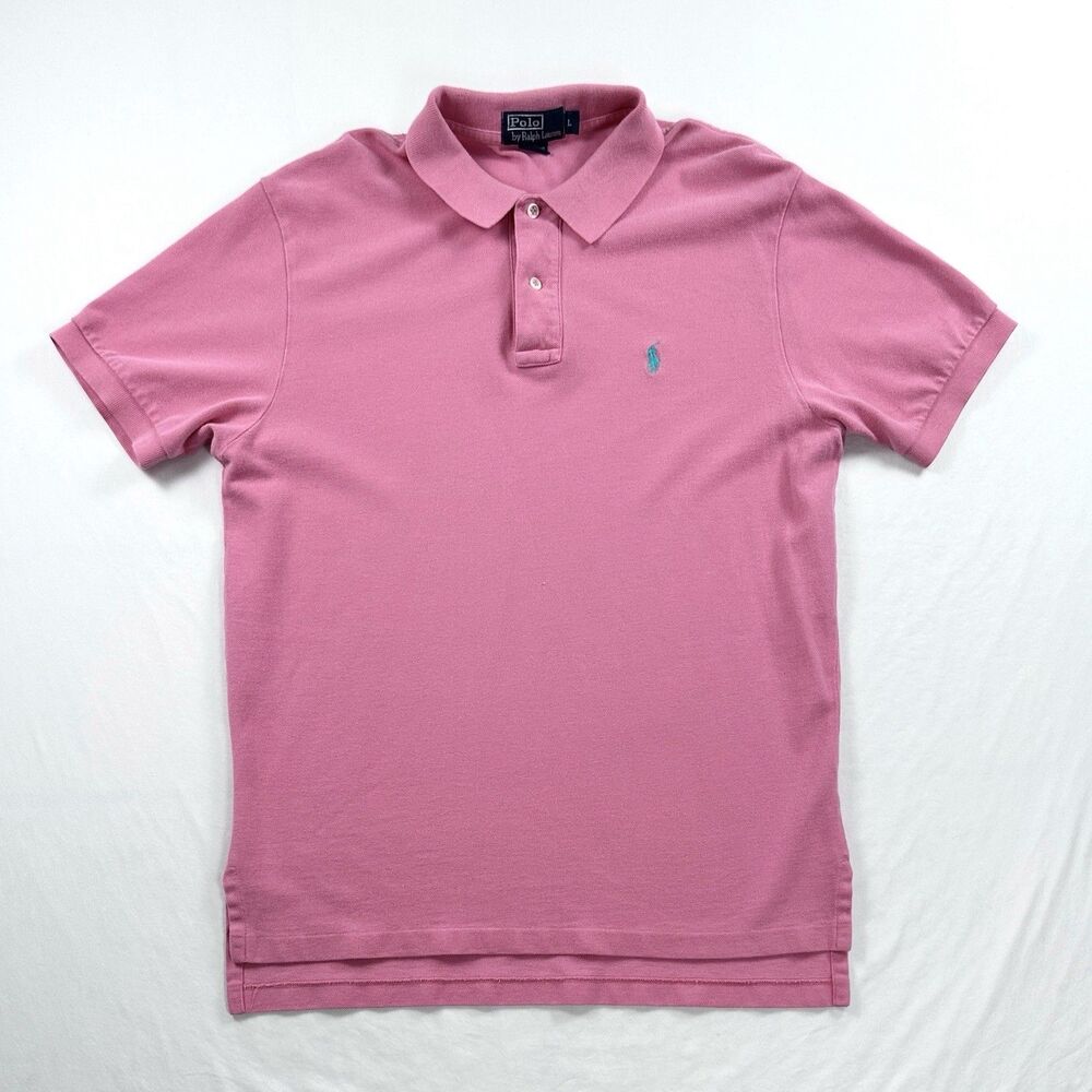 Polo Ralph Lauren Polo Shirt Mens Large Pink Pique Knit Cotton Preppy Green Pony